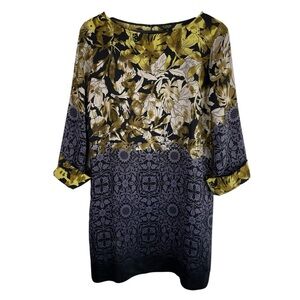 Citron Collection | Gold Black Purple Floral Silk Shift Dress